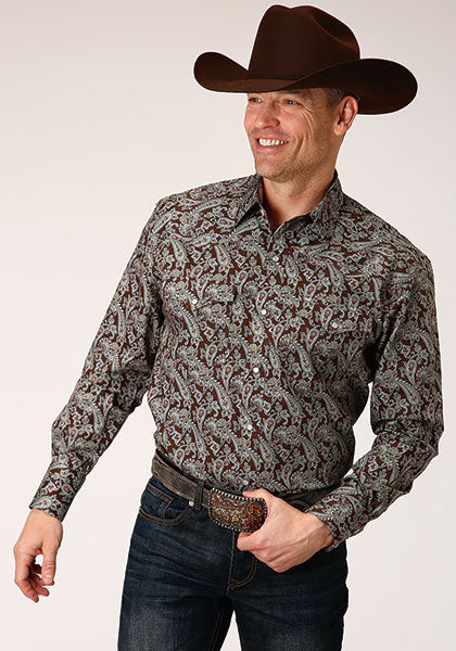 Roper Men's Amarillo Pine Paisley Long Sleeve Snap Allover Print Brown Shirt