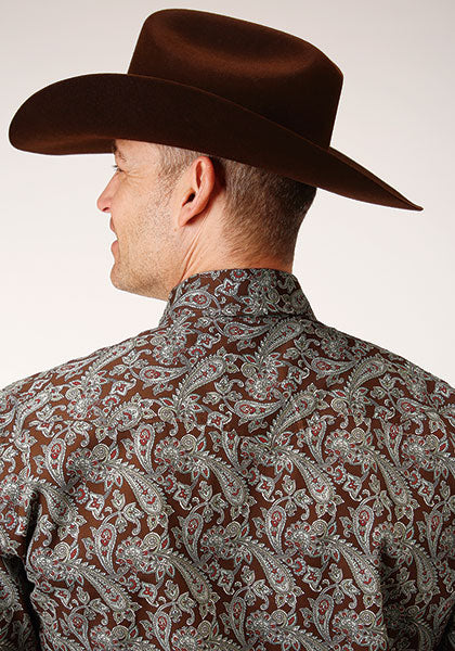 Roper Men's Amarillo Pine Paisley Long Sleeve Snap Allover Print Brown Shirt