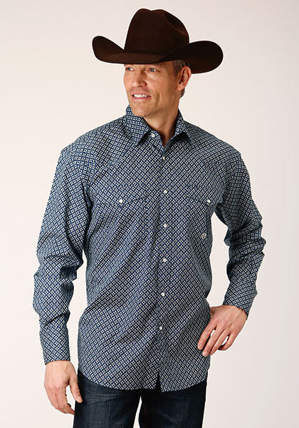 Roper Men's Amarillo Diamond Long Sleeve Snap Allover Print Navy Shirt