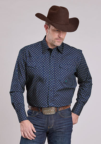 Roper Men's Long Sleeve Amarillo Snap Pinwheel Foulard Blue Shirt