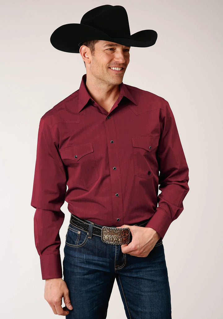 Roper Men's Long Sleeve Snap Solid Red Black Fill Western Shirt