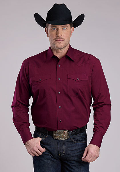 Roper Men's Long Sleeve Solid Color Snap Shirt - Wine