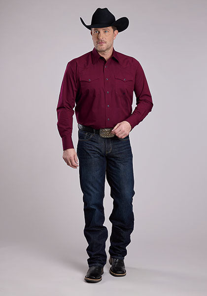 Roper Men's Long Sleeve Solid Color Snap Shirt - Wine