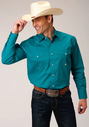 Roper Men's Turquoise Solid Color Print Poplin Stretch Long Snap Shirt