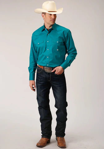 Roper Men's Turquoise Solid Color Print Poplin Stretch Long Snap Shirt