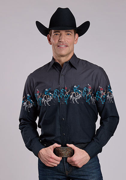 Roper Men's Long Sleeve Scene Border Print Snap Shirt - Painterly Rodeo Border Scenic