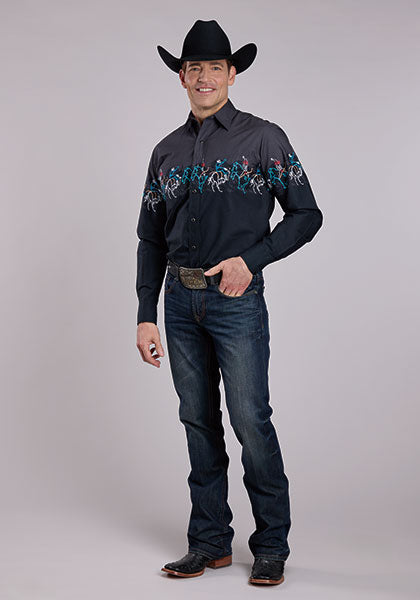 Roper Men's Long Sleeve Scene Border Print Snap Shirt - Painterly Rodeo Border Scenic