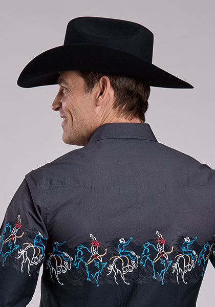 Roper Men's Long Sleeve Scene Border Print Snap Shirt - Painterly Rodeo Border Scenic