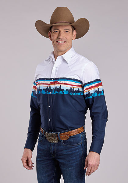 Roper Men's Long Sleeve Snap Scene Border Print Shirt - Sunset Border