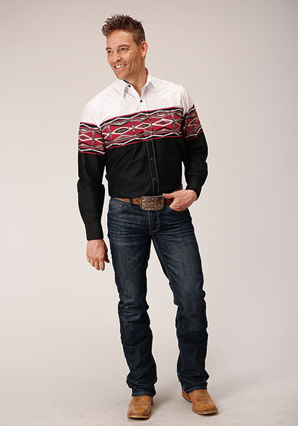 Roper Men's Long Sleeve Snap Border Print Tribal Border Shirt