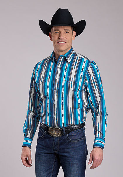 Roper Men's Long Sleeve  Deadstock Stripe Print Snap Shirt- Blue