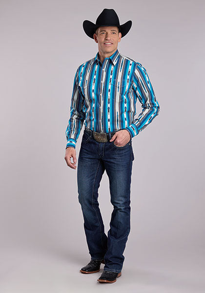 Roper Men's Long Sleeve  Deadstock Stripe Print Snap Shirt- Blue