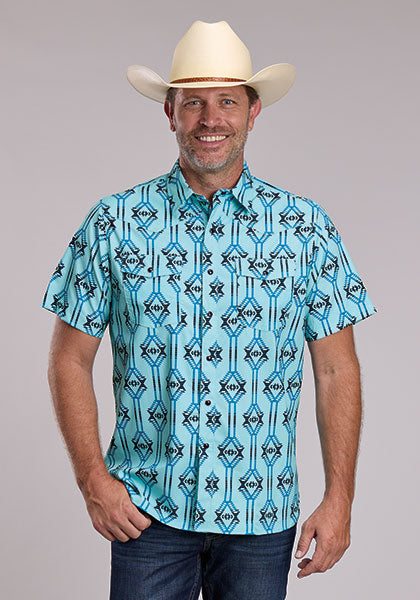 Roper Men's Vertical Aztec Short Sleeve Shirt - Turquoise