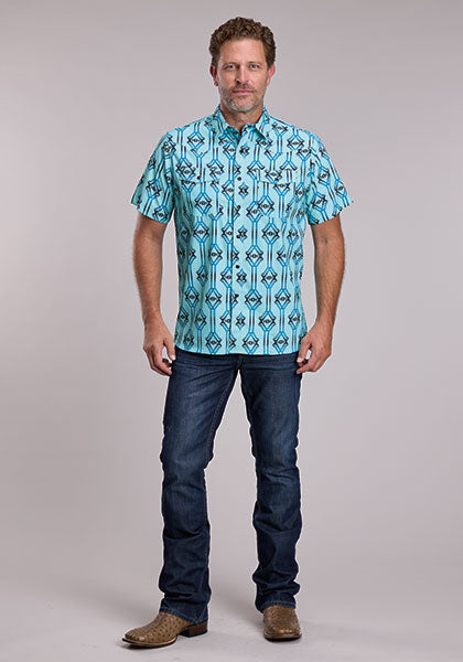 Roper Men's Vertical Aztec Short Sleeve Shirt - Turquoise