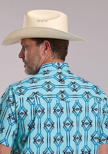 Roper Men's Vertical Aztec Short Sleeve Shirt - Turquoise
