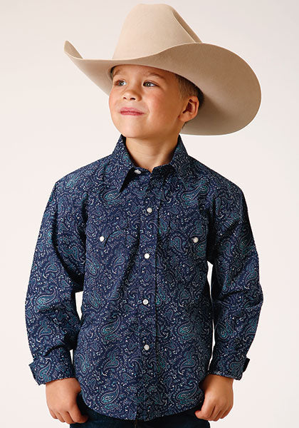 Roper Boys Long Sleeve Performance Print Snap Shirt - Vintage Paisley-Dark Blue