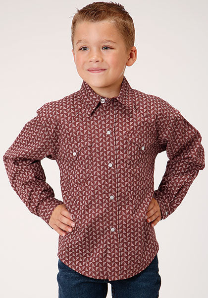Roper Boys Long Sleeve Performance Print Snap Shirt -Red Shadow Geo