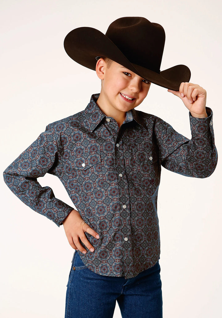 Roper Boys Long Sleeve Snap Redwood Medallion Western Shirt