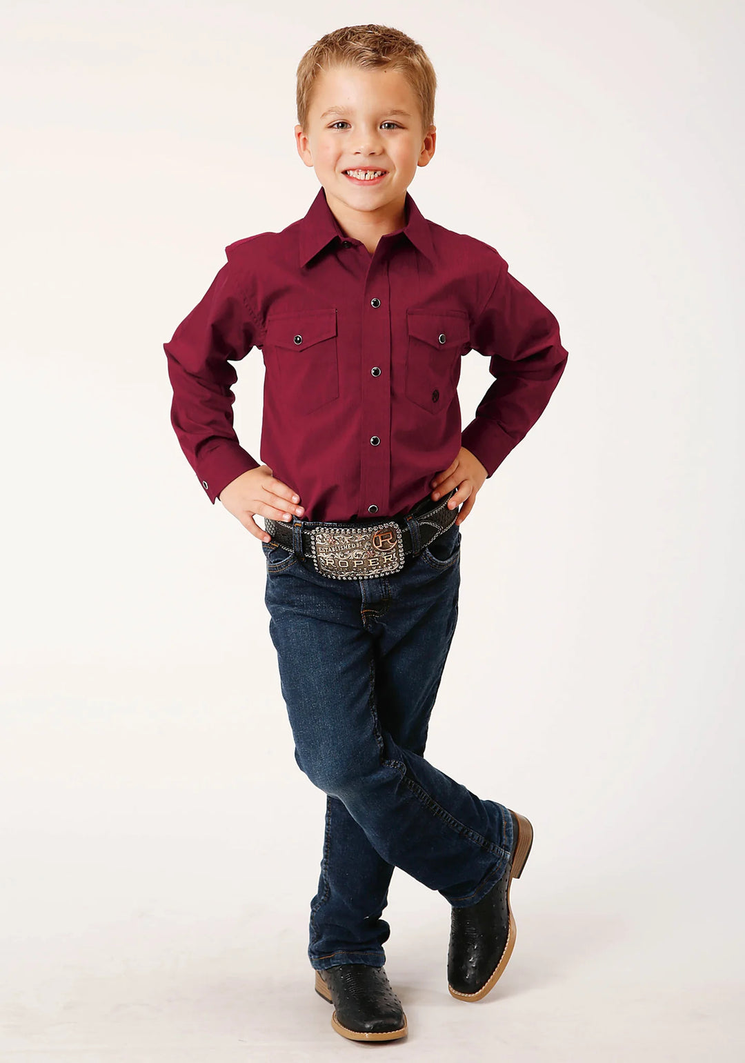 Roper Boys Long Sleeve Snap Black Fill Solid Wine Western Shirt