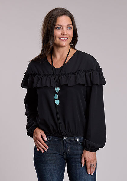 Roper Womens  Long Sleeve Shirt Solid V-Neck blouse- Black