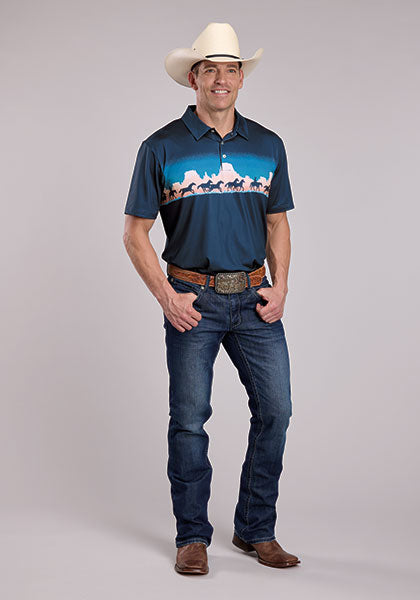 Roper Men's Mesa Border Print Short Sleeve Shirt - Blue