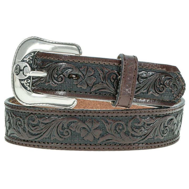 Hooeys Boys Leather Filigree Embossed Double Welt Dark Brown Belt