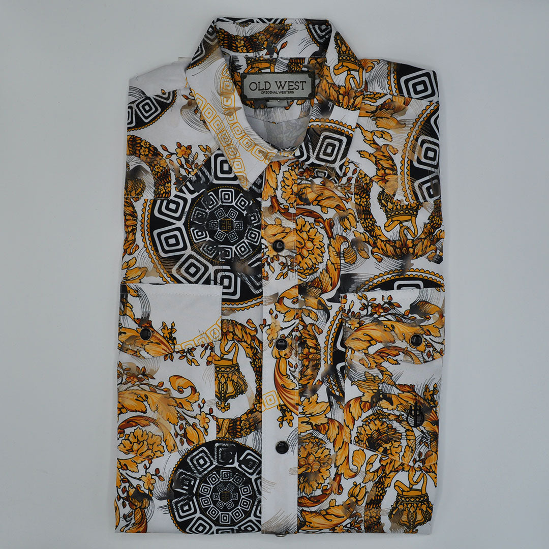 Old West Men's 8555 White/Black/Gold Crown Fashion Snap Shirt Gavel Western Wear Old West Men's 8555 White/Black/Gold Crown Fashion Snap Shirt Gavel Western Wear