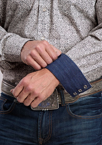 Stetson Men's Print Snap Long Sleeve Shirt -Grey Paisley