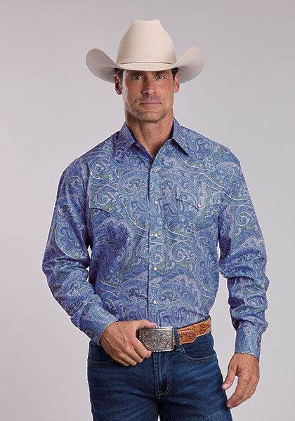 Roper Men's Long Sleeve Allover Print Snap Shirt - Blue