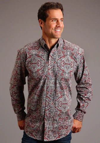 Stetson Mens Wine Medallion Paisley Western Shirt