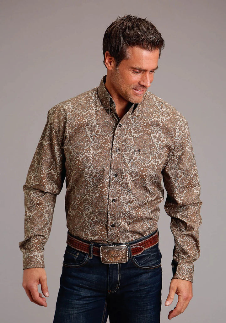 Stetson Mens Leather Paisley Brown Western Shirt