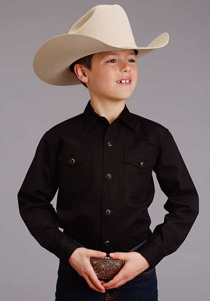 Stetsons Boy Long Sleeve Solid Snap Shirt-Black