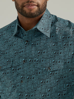 Wrangler Men's Silver Edition Classic Fit Blue Print Long Sleeve Snap Shirt