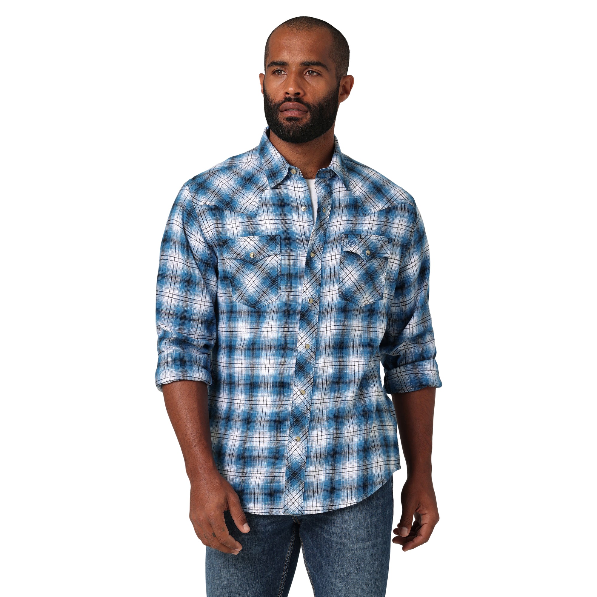 Wrangler Men's Retro Modern Fit Blue/Black Flannel Snap Shirt
