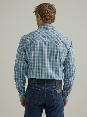 Wrangler Men's Modern Fit  Long Sleeve Fashion Snap Paid Blue Shirt