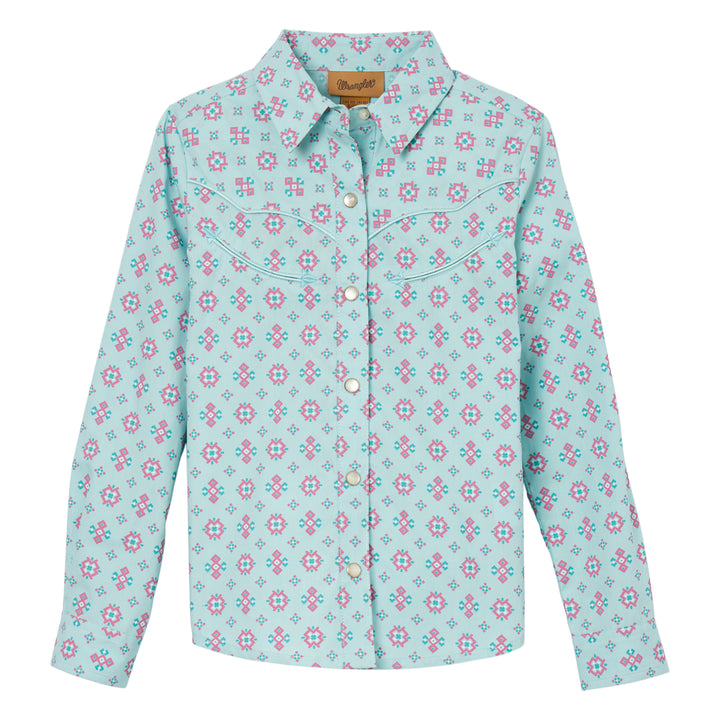 Wrangler Girl's Long Sleeve Geo Print Western Snap Turquoise Shirt