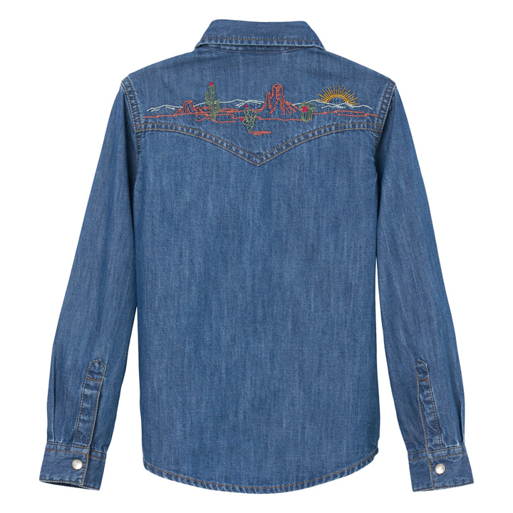 Wrangler Girl's Long Sleeve Embroidered Western Snap Denim Navy Shirt