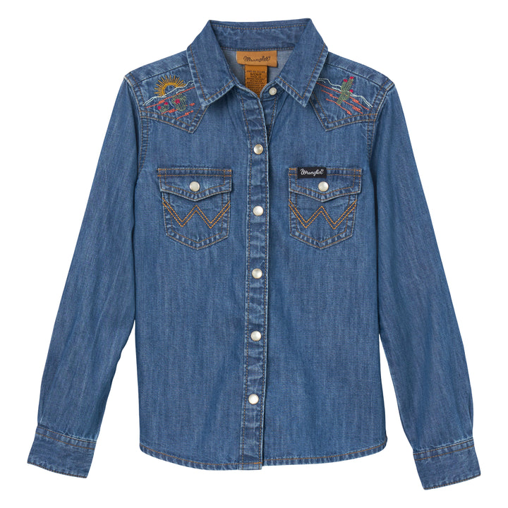 Wrangler Girl's Long Sleeve Embroidered Western Snap Denim Navy Shirt