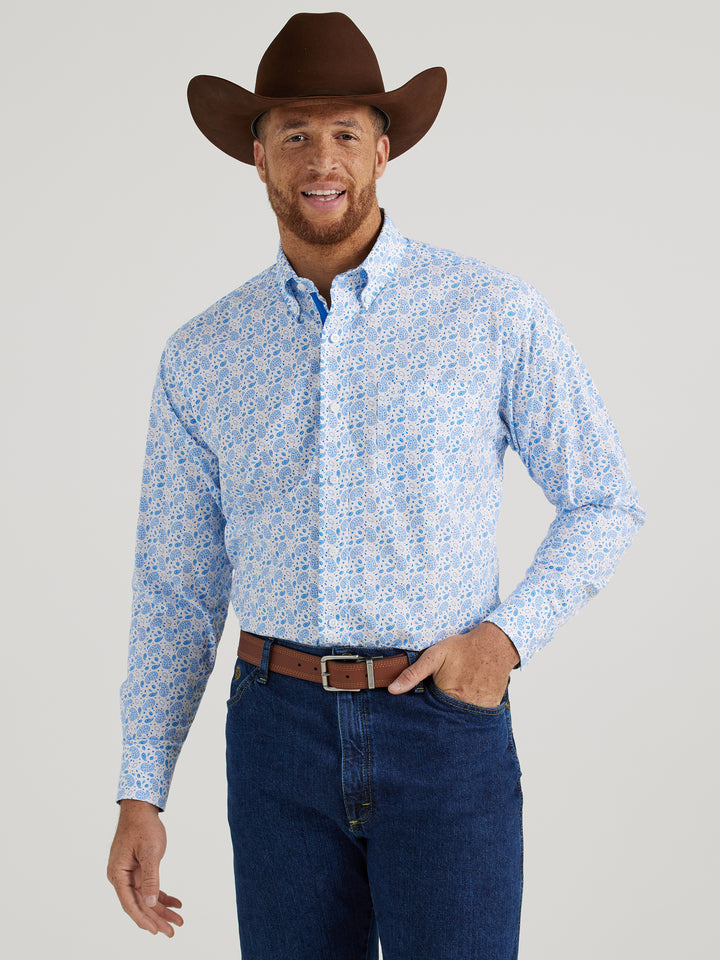 Wrangler Mens George Strait Relaxed Fit Stretch  White/Blue Shirt