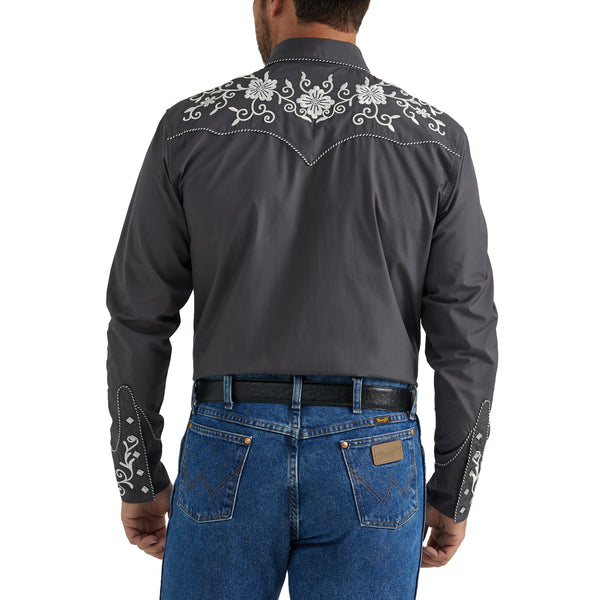 Wrangler Mens Rodeo Ben Western Snap Embroidered Grey Shirt Gavel