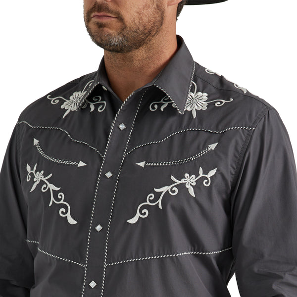 Wrangler Mens Rodeo Ben Western Snap Embroidered Grey Shirt Gavel