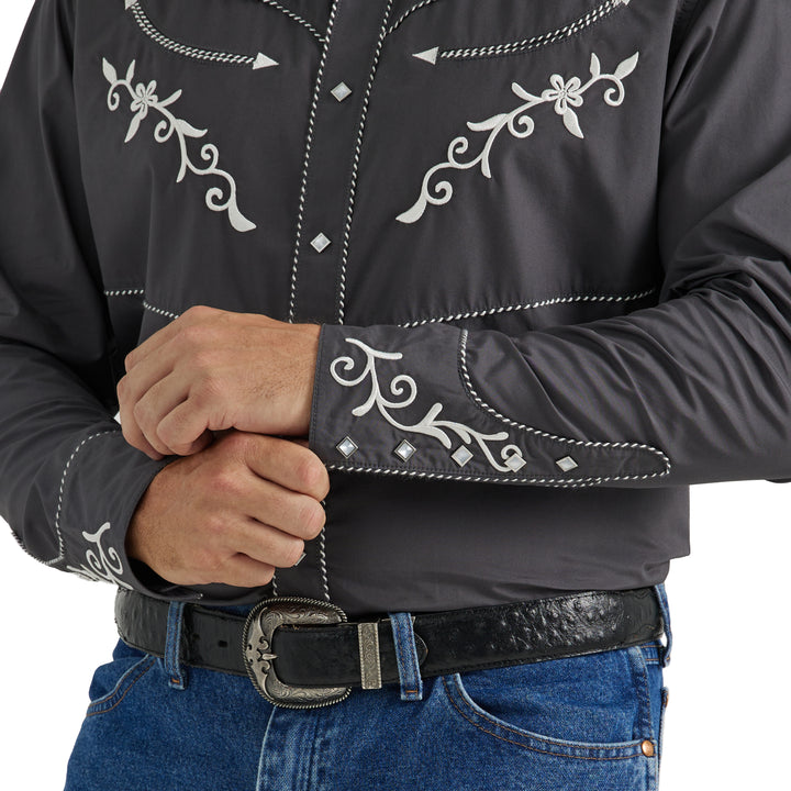 Wrangler Men's Rodeo Ben Western Snap Embroidered Grey Shirt