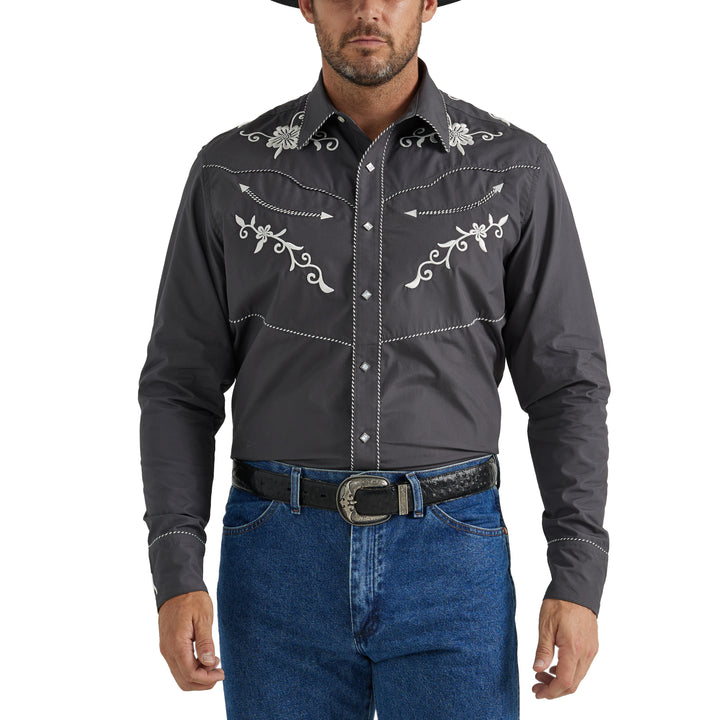 Wrangler Men's Rodeo Ben Western Snap Embroidered Grey Shirt