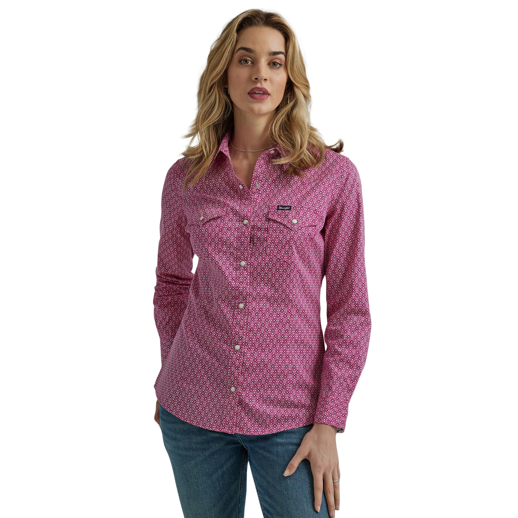 Wrangler Women's Long Sleeve Dress Snap Pink Shirt