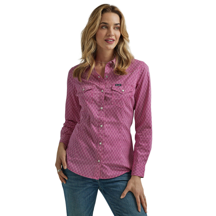 Wrangler Women's Long Sleeve Dress Snap Pink Shirt