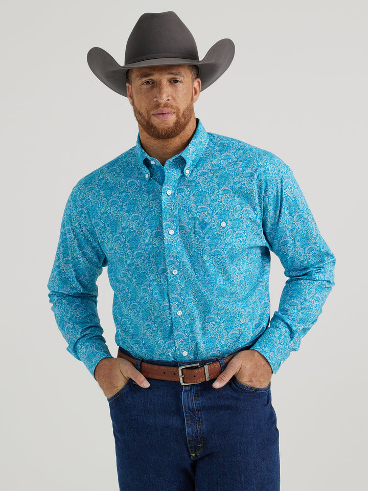 Wrangler Men's George Strait Relaxed  Fit Stretch Floral Blue Shirt