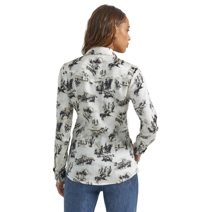 Wrangler Women's Bold Bucking Cowboy Western Snap Shirt in Birch