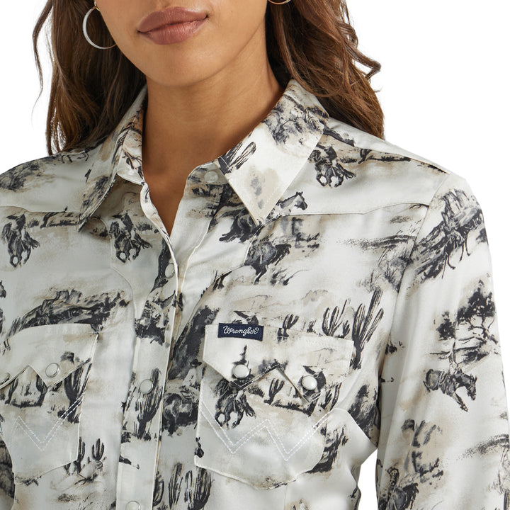 Wrangler Women's Bold Bucking Cowboy Western Snap Shirt in Birch