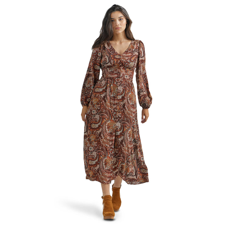 Wrangler Women's Retro Maxi Paisley Burg Long Sleeve Dress