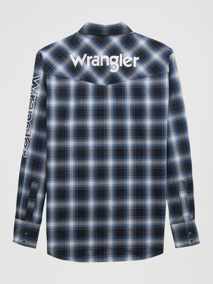 Wrangler Men's Classic Fit White Logo Button Down Blue Shirt